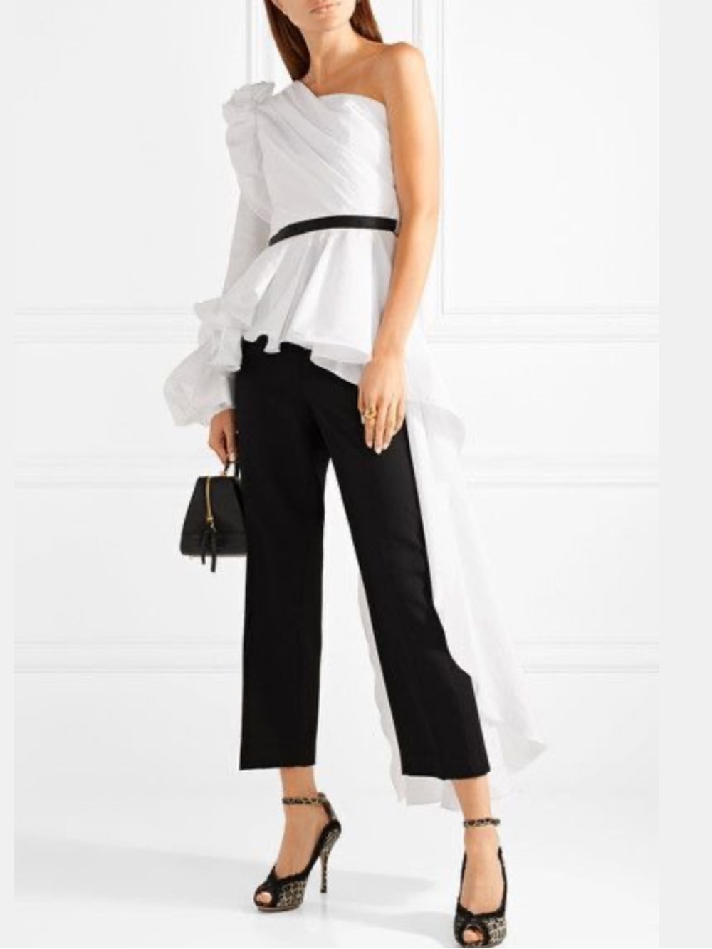 Johanna Ortiz Bloise Malina Top Ruched Cotton Poplin Black Trim in White